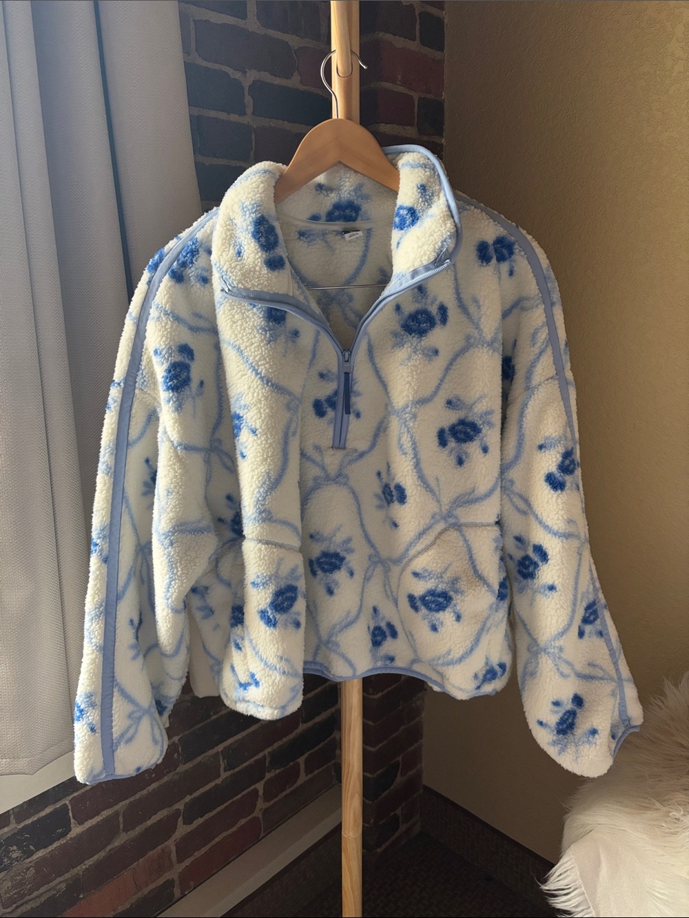 Old Navy White and Blue Floral Bows Preppy Sherpa Quarter-Zip Jacket Size XXL